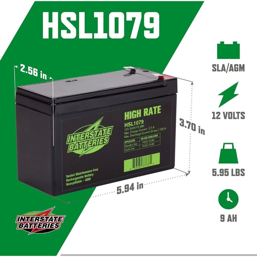 Interstate Batteries HSL1079 12V 9Ah AGM High Rate Rechargeable Battery (No Box)